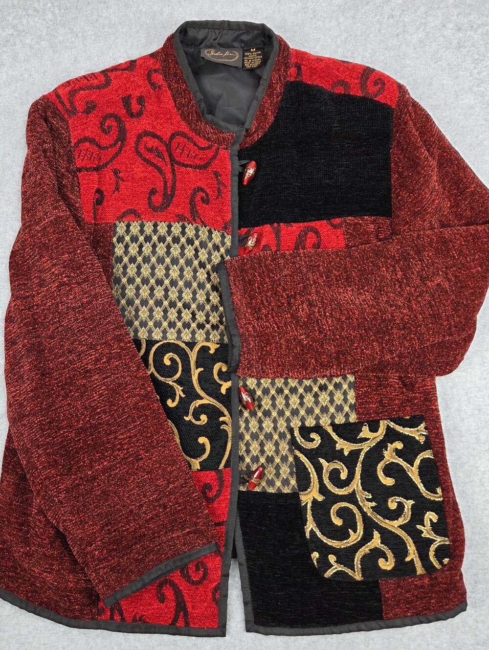 Julia Kim Red Black Size Medium Patchwork Chenille Jacket Blazer